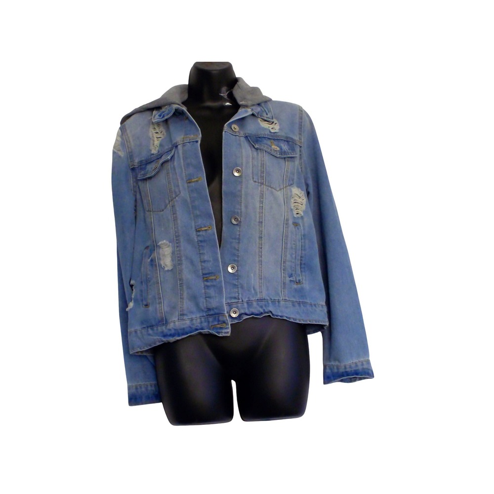 Cavalini Denim Collection Distressed Jean Jacket with Removable Hood Small